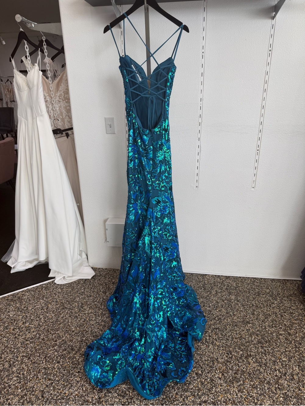 Blue Sequin Mermaid Prom Dress with Spaghetti Straps - Picture 5 of 6